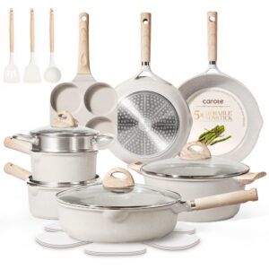 Carote 21pcs Pots and Pans Set Non Stick, Cookware Set Induction Ready, Kitchen Cooking Set, Beige - Carote 21pcs Pots and Pans Set Non Stick, Cookware Set Induction Ready, Kitchen Cooking Set, Beige