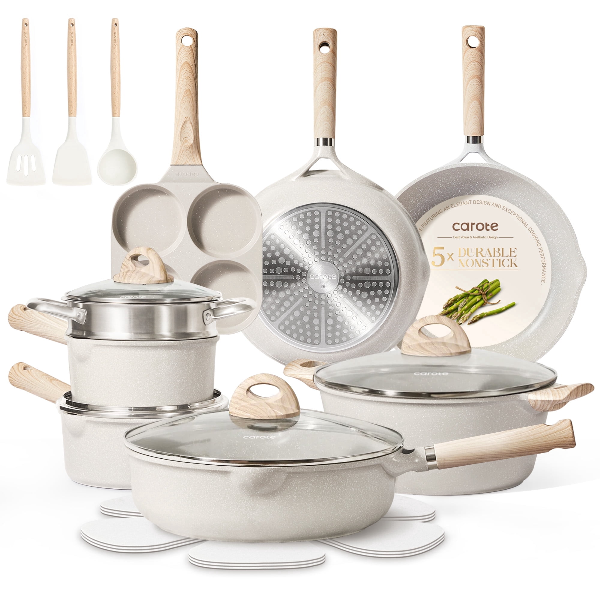Carote 21pcs Pots and Pans Set Non Stick, Cookware Set Induction Ready, Kitchen Cooking Set, Beige - Carote 21pcs Pots and Pans Set Non Stick, Cookware Set Induction Ready, Kitchen Cooking Set, Beige