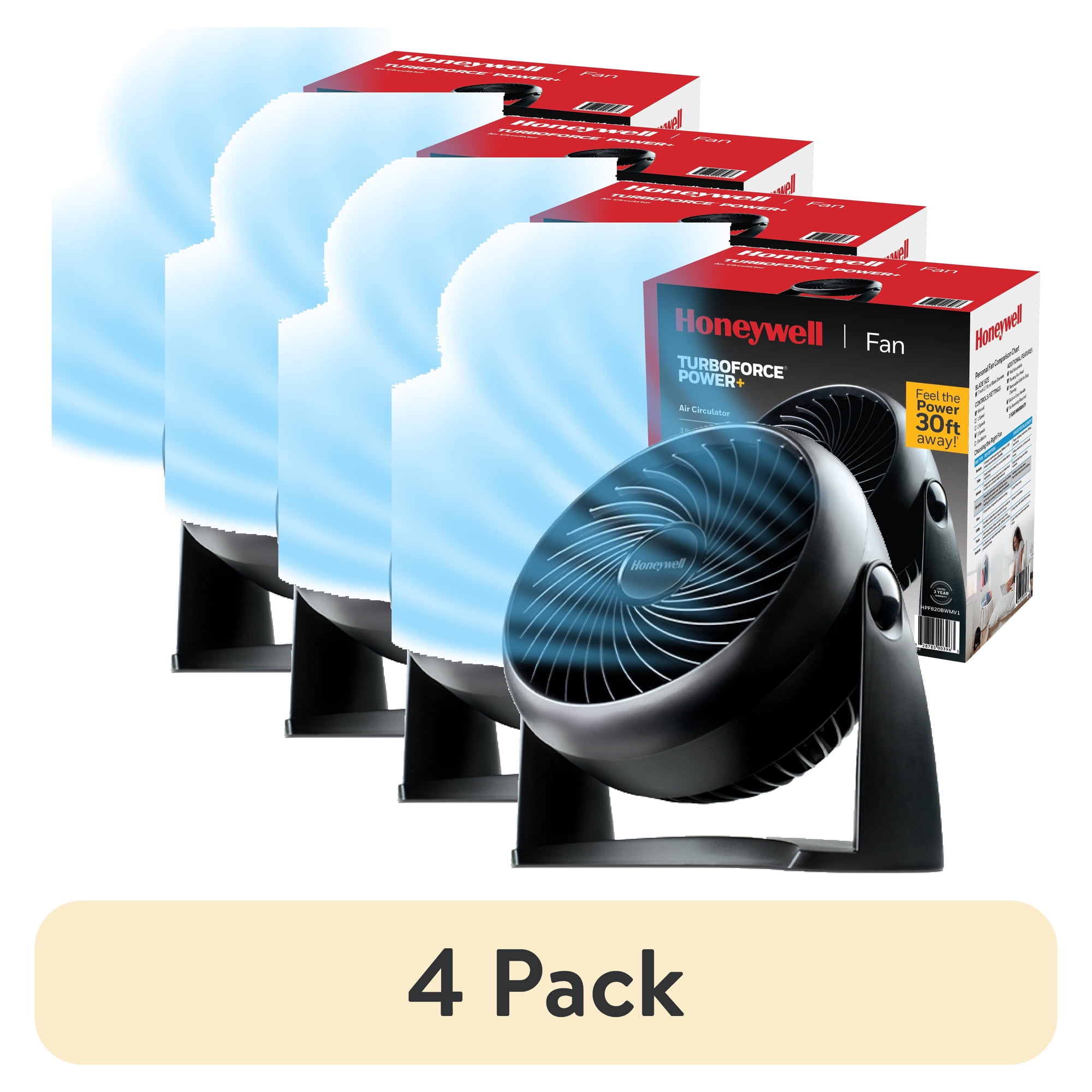 (4 pack) Honeywell 10” Turbo Force Power Small Table Fan, 30ft. Air Circulation Power, Quiet operation, 3 Speed, 90° Pivot, Wall Mountable, Black, HPF820BWM - (4 pack) Honeywell 10” Turbo Force Power