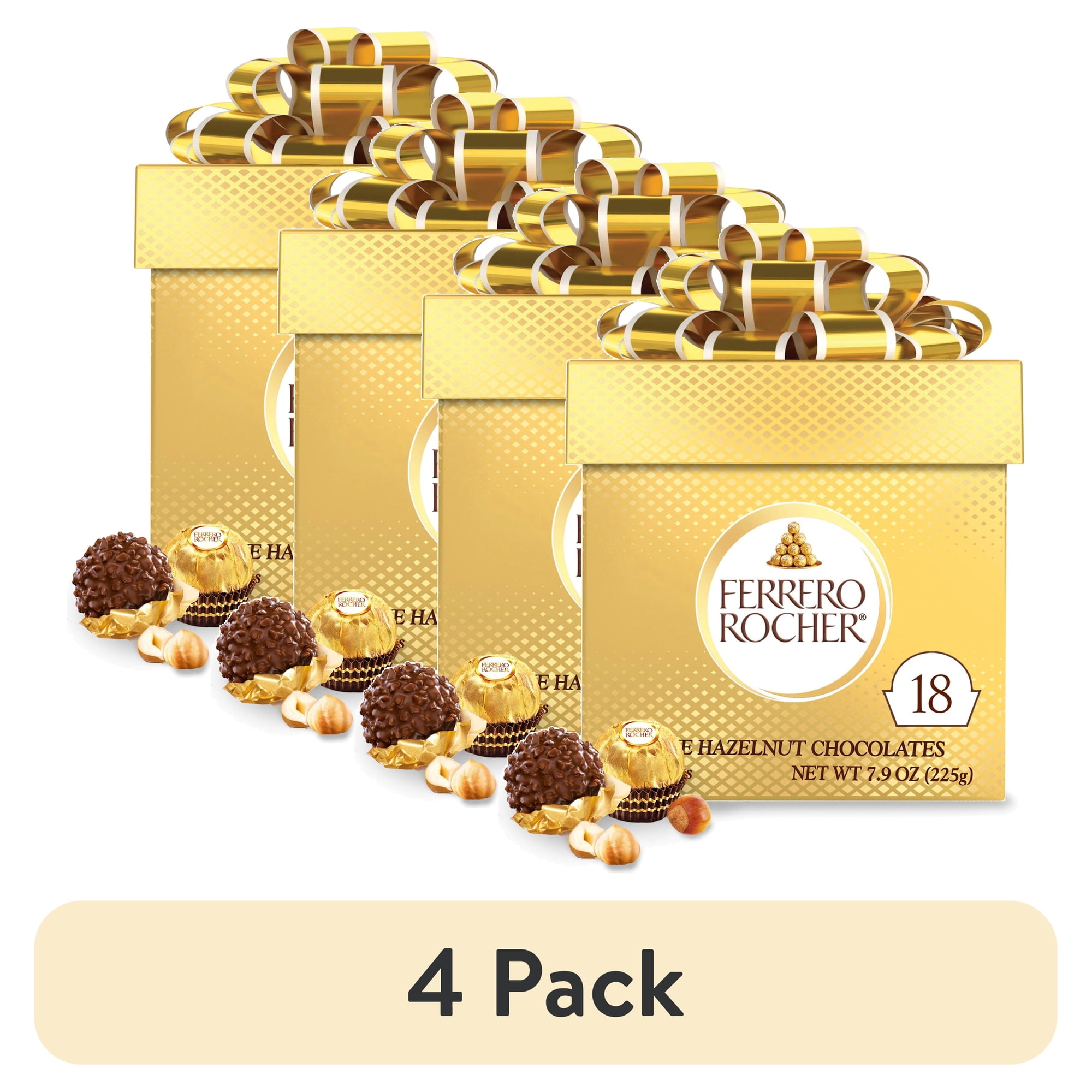 (4 pack) Ferrero Rocher Gourmet Hazelnut Milk Chocolate Gift Box, 18 Individually Wrapped Chocolates, 7.9 oz - (4 pack) Ferrero Rocher Gourmet Hazelnut Milk Chocolate Gift Box, 18 Individually Wrapped