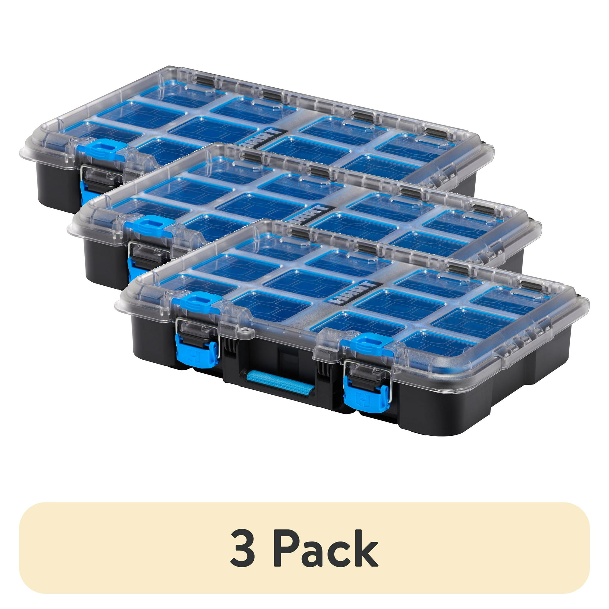 (3 pack) HART Stack System Small Parts Organizer with Removable Bins, Black with Blue Accents - (3 pack) HART Stack System Small Parts Organizer with Removable Bins, Black with Blue Accents