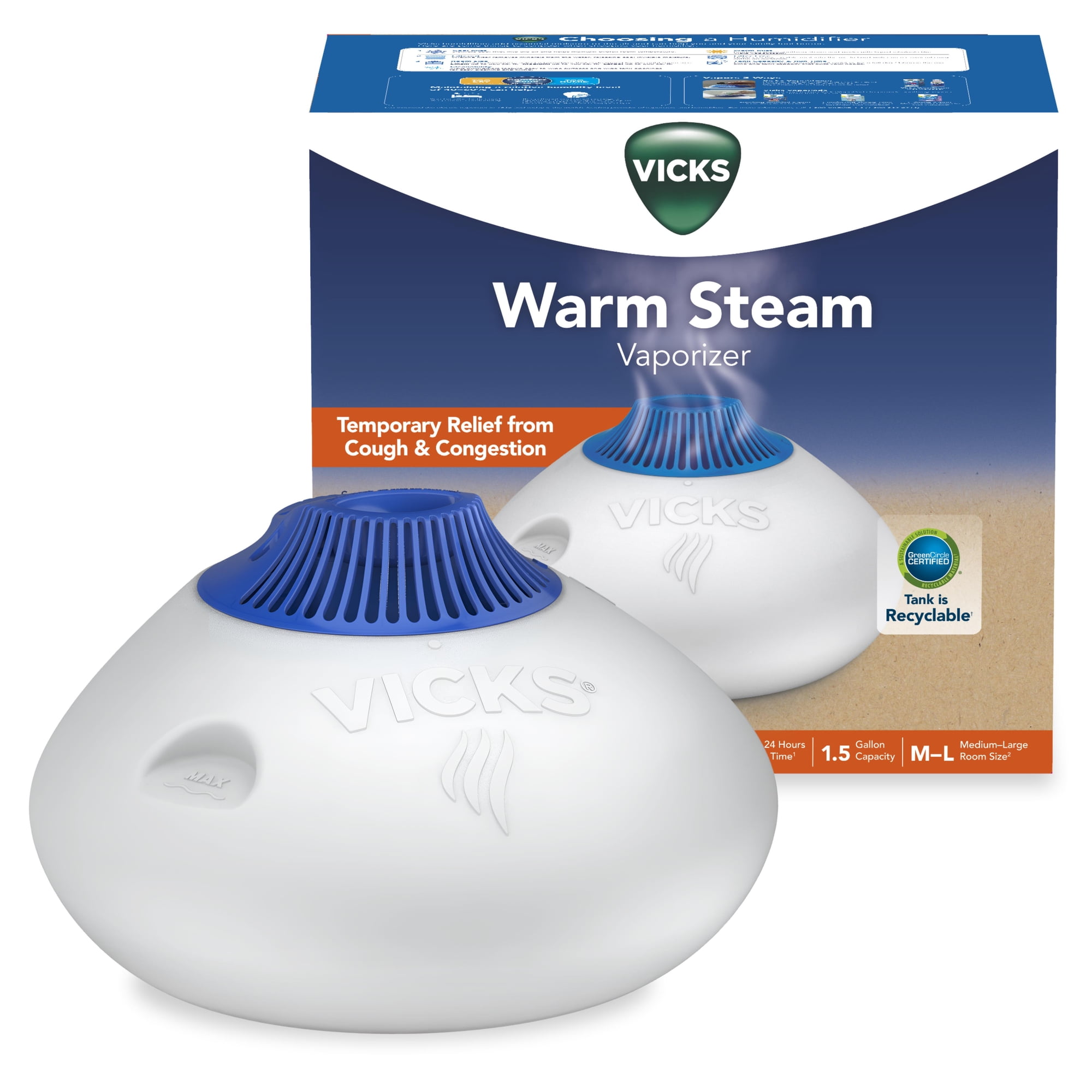 Vicks Warm Steam Vaporizer Humidifier with Night Light, 1.5 gal, 600 Sq. ft, White, V150SGNLUPCV2 - Vicks Warm Steam Vaporizer Humidifier with Night Light, 1.5 gal, 600 Sq. ft, White, V150SGNLUPCV2