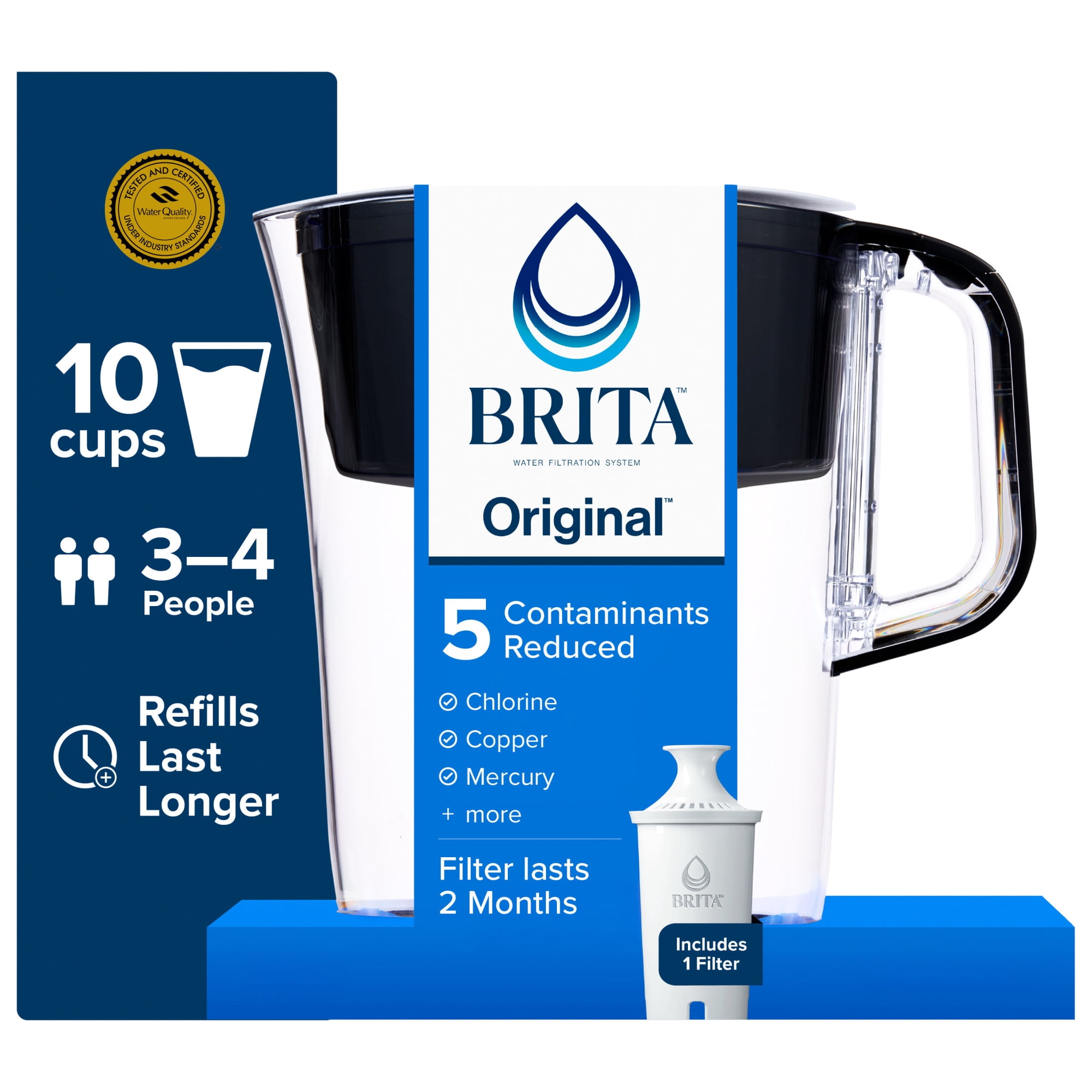 Brita 10 Cup Large Plastic Water Filter Pitcher, Black, BPA Free with 1 Standard Brita Filter - Brita 10 Cup Large Plastic Water Filter Pitcher, Black, BPA Free with 1 Standard Brita Filter