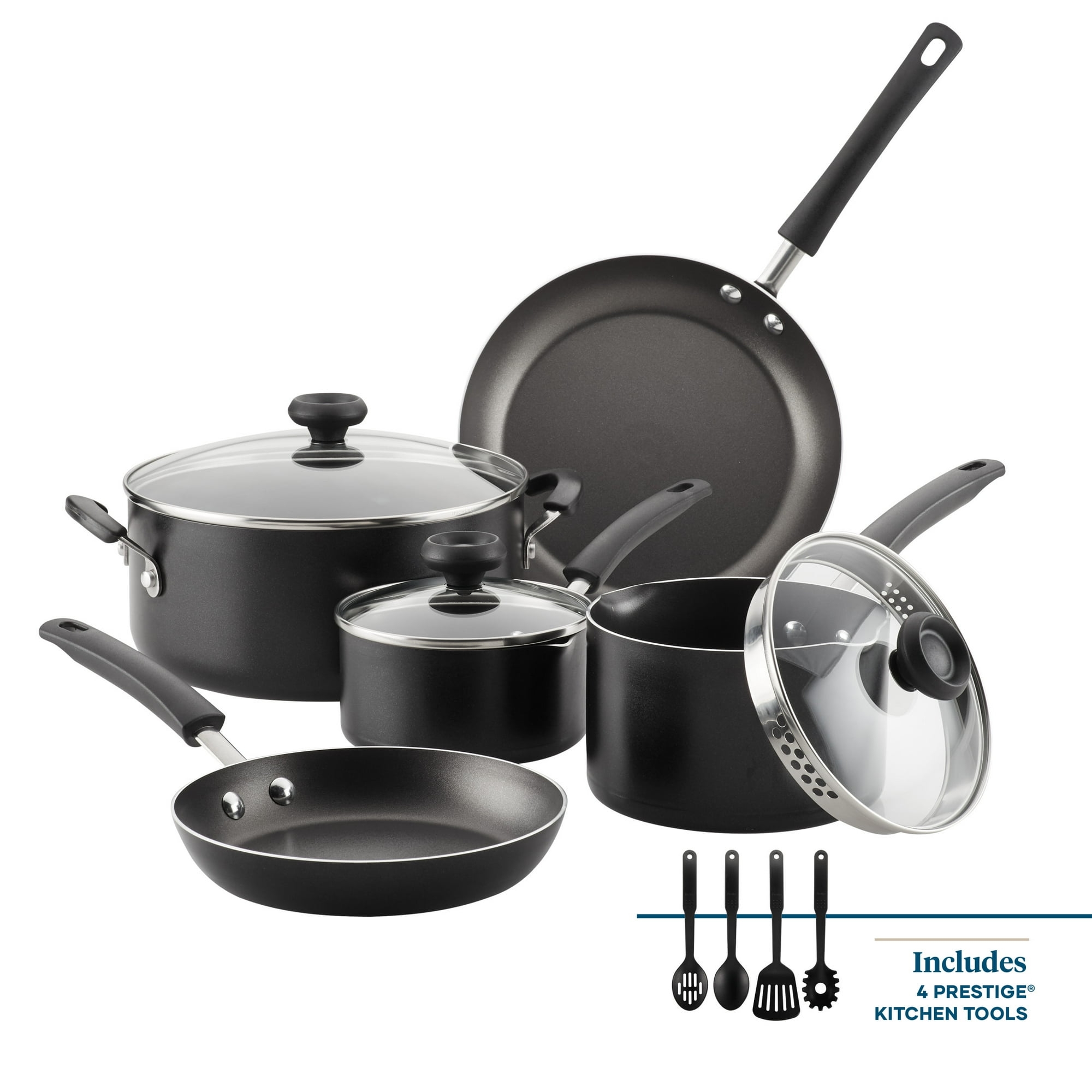 Farberware Easy Clean 12 Pcs Nonstick Cookware Set with Cooking Tools, Dishwasher Safe, Black - Farberware Easy Clean 12 Pcs Nonstick Cookware Set with Cooking Tools, Dishwasher Safe, Black