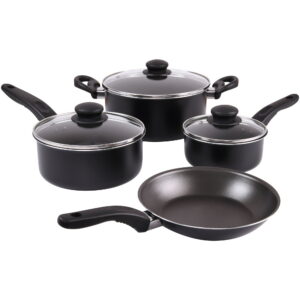 Mainstays 7 Piece Non Stick Aluminium, Pots and Pans Cookware Set, Black - Mainstays 7 Piece Non Stick Aluminium, Pots and Pans Cookware Set, Black