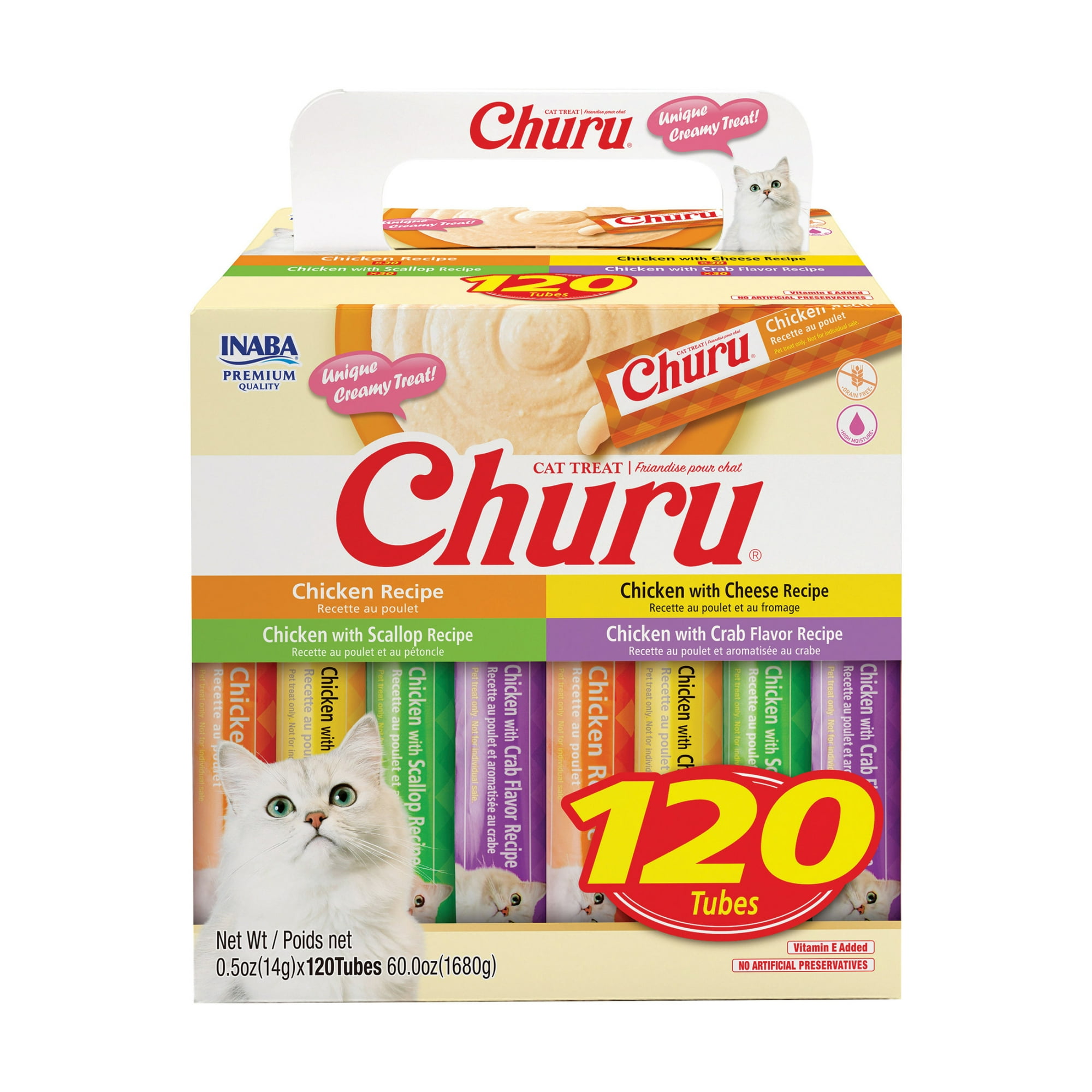 INABA Churu Cat Treats, Lickable, Squeezable Creamy Purée with Vitamin E, 0.5 Ounces per Tube, 120 Tubes Total, Chicken Variety - INABA Churu Cat Treats, Lickable, Squeezable Creamy Purée with Vitamin