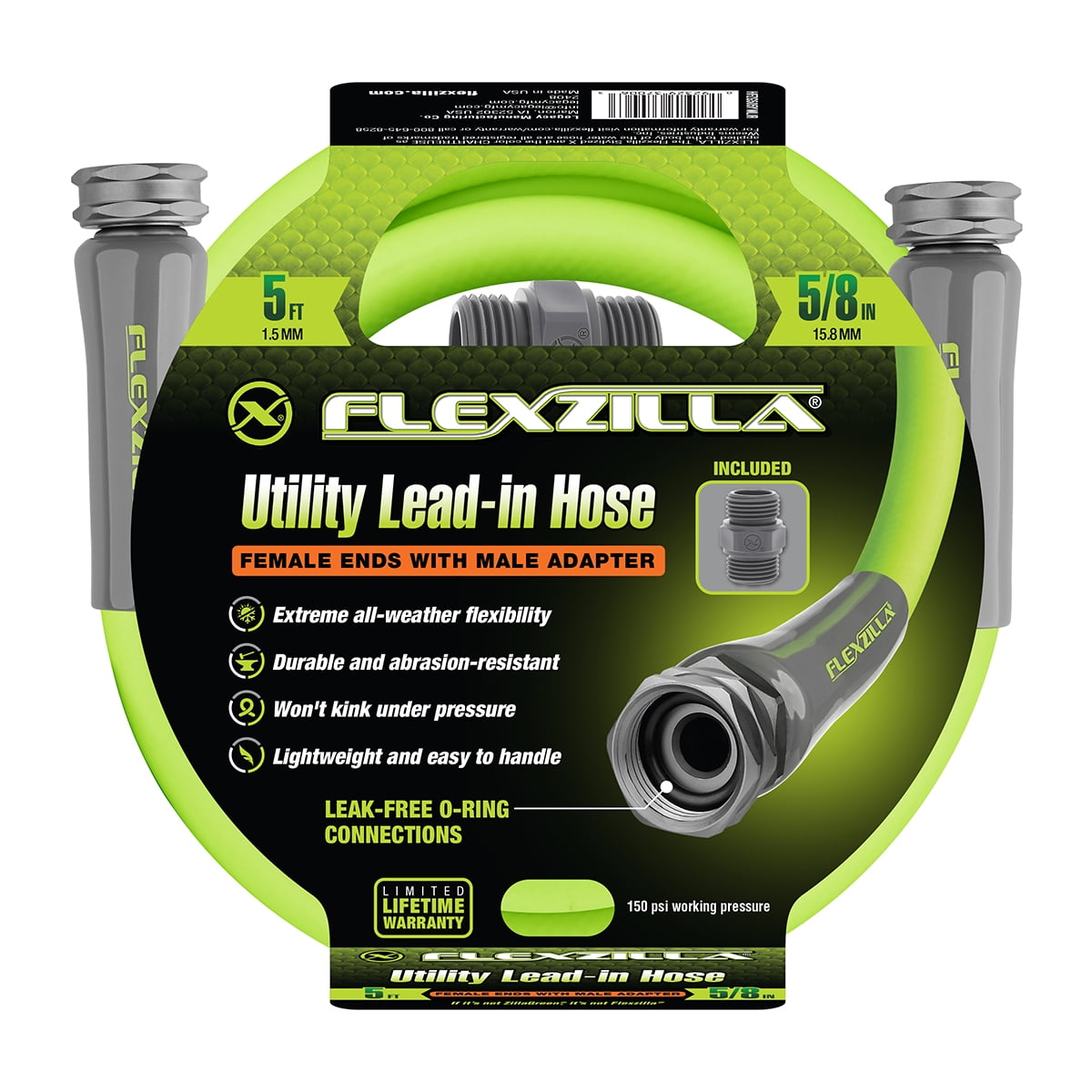 Flexzilla® Garden Hose, Hybrid Polymer, Female Female with Male Adapter, 5/8" x 5', 150 PSI, ZillaGreen™ - Flexzilla® Garden Hose, Hybrid Polymer, Female Female with Male Adapter, 5/8" x 5', 150 PSI,