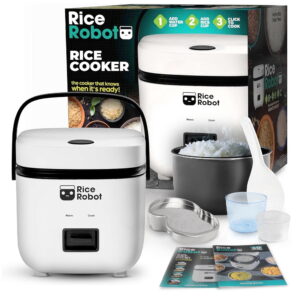 Rice Robot Personal Rice Cooker, PFAS - Rice Robot Personal Rice Cooker, PFAS-free, Nonstick. 1 Quart Capacity (4 Cups), with Stainless Steel Steamer Tray, Measuring Cups, Recipe Book with 60 Recipes,