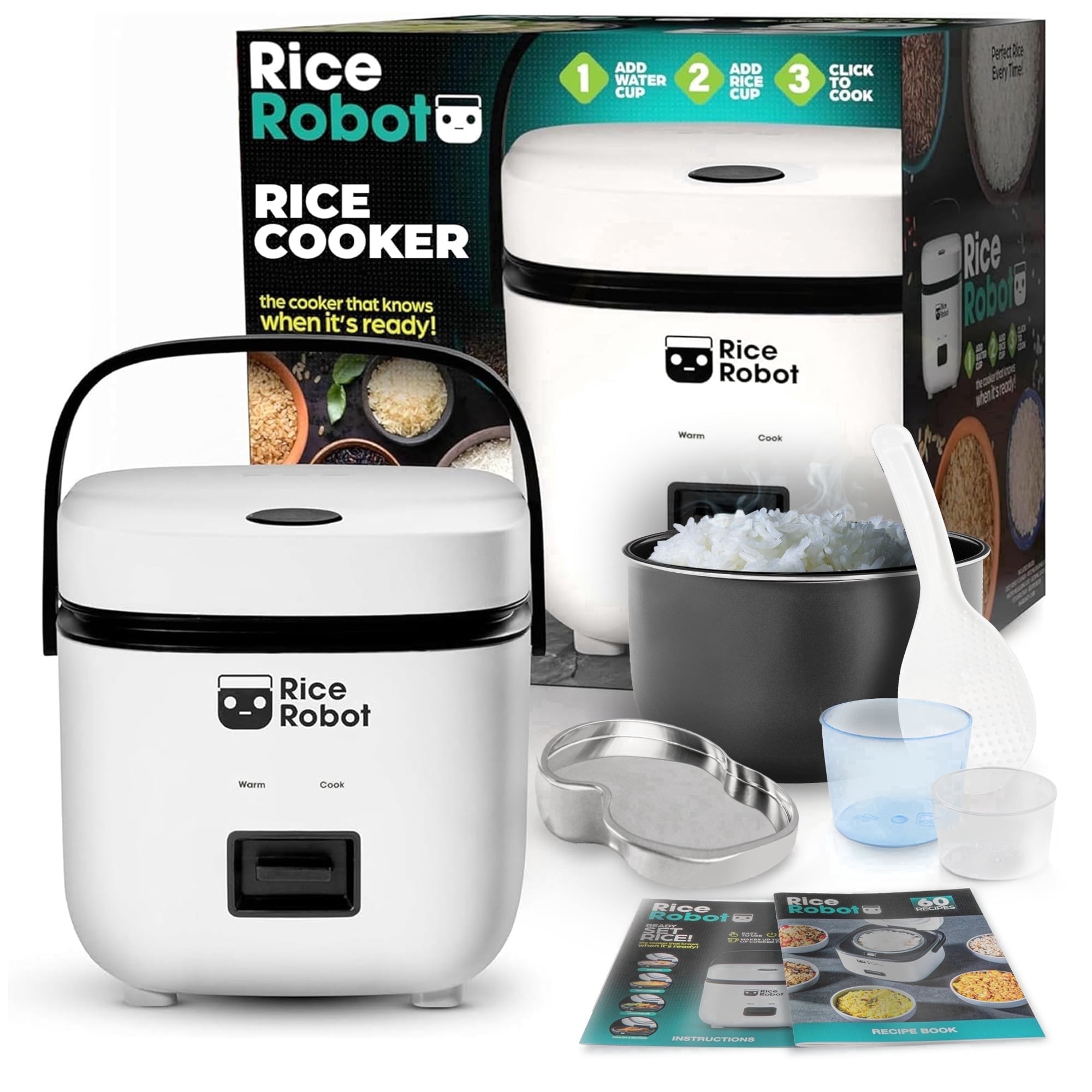 Rice Robot Personal Rice Cooker, PFAS - Rice Robot Personal Rice Cooker, PFAS-free, Nonstick. 1 Quart Capacity (4 Cups), with Stainless Steel Steamer Tray, Measuring Cups, Recipe Book with 60 Recipes,