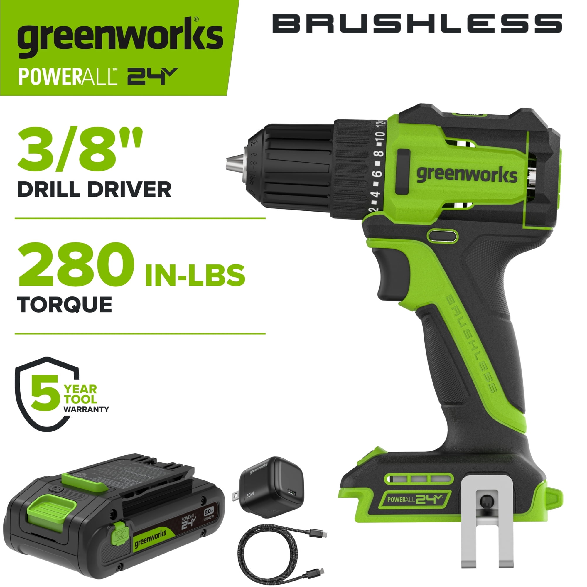 Greenworks PowerAll 24V Brushless 3/8" 280 in - Greenworks PowerAll 24V Brushless 3/8" 280 in-lb Drill with 2Ah USB-C Battery, 30W Charger and Cable, DD330A1